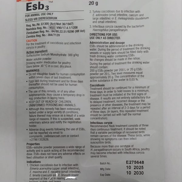 Esb3 20gms (Treatment for coccidiosis and Infectious coryza in poultry)